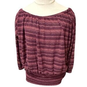 Ella Moss Striped Sparkle Off Shoulder Long Sleeve Top Burgundy Size S